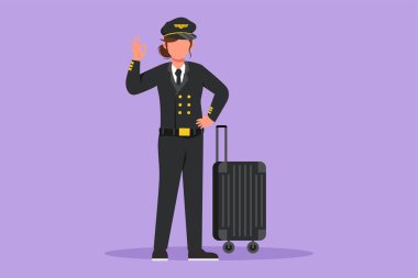 Cartoon flat style drawing of female pilot standing with okay gesture with uniform, ready to riding or flying airplane for bringing passengers to their destination. Graphic design vector illustration