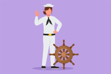 Character flat drawing beauty sailor woman standing with okay gesture to be part of cruise ship, carrying passengers traveling across ocean. Female sailor on duty. Cartoon design vector illustration