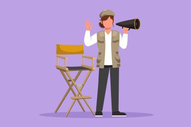 Character flat drawing beautiful female film director standing and holding megaphone with okay gesture while prepare camera crew for shooting action romantic series. Cartoon design vector illustration clipart
