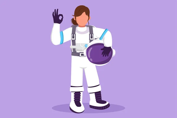 Character Flat Drawing Beauty Female Astronaut Stands Okay Gesture Wearing — Stock Vector