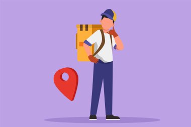 Karakter düz çizim çekici teslimatçı bana jest ve iğne haritası ikonu de. Müşterinin güvenli bir şekilde teslim edilmesini emrettiği paket kutusu. Çizgi film tasarım vektör çizimi