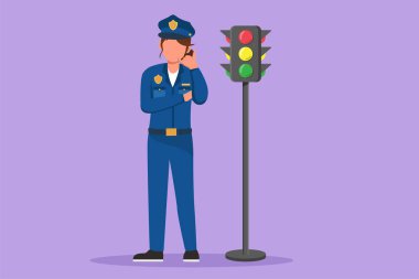 Grafi düz tasarım, güzel bir polis memurunu, üniformalı bir şekilde trafik ışıklarının yanında dururken gösteriyor. Bana jest de ve otoyoldaki araç trafiğini kontrol etmek için çalışıyorum de. Çizgi film biçimi vektör illüstrasyonu