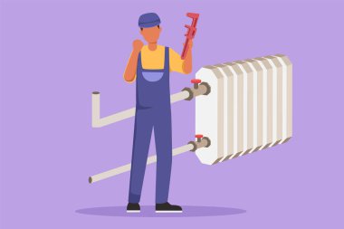 Çizgi filmlerdeki gibi mutlu bir tesisatçı elinde marangozluk aletleriyle ayakta dikilip evde bozuk tesisatı tamir etmeye hazırlanıyor. Başarı işi. Grafik tasarım vektör çizimi