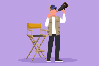 Graphic flat design drawing film director stands and holding megaphone with celebrate gesture while prepare camera crew for shooting action film. Creative industry. Cartoon style vector illustration clipart