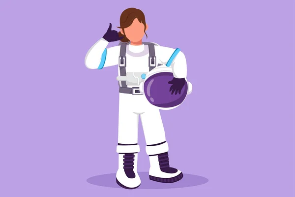 Graphic Flat Design Drawing Female Astronaut Standing Call Gesture Wearing — Stock Vector