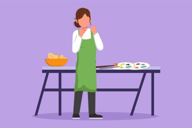 Çizgi film düz stil kadın ressam ayakta dikiliyor masanın yanında kutlama jestleri yapıyor ve atölyede tuval üzerinde sanat eserleri üretiyor. Yaratıcı çalışma. Grafik tasarım vektör çizimi