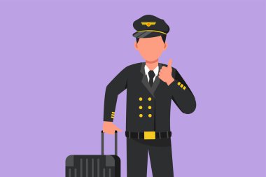 Karakter düz çizimli, baş parmak hareketli ve üniformalı erkek pilot havaalanında kabin ekibiyle uçmaya hazır. Uçak seyahati ya da uçak endüstrisi. Çizgi film tasarım vektör çizimi