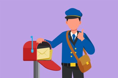 Posta kutusuna, şapka, çanta ve üniforma giyip posta dağıtmak için çok çalışan, el hareketleriyle zarf tutan grafiksel tasarım çizimi yapan bir postacı. Çizgi film biçimi vektör illüstrasyonu