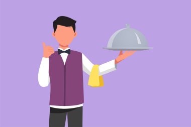 Grafiksel düz tasarım, restoranda müşterilere servis yapan erkek garsonun elinde lezzetli yemekler tabağı taşıyor. Misafirleri mutlu etmek için çok çalış. Çizgi film biçimi vektör illüstrasyonu