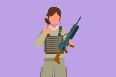 Çizgisel düz tasarım, üniformalı kadın askerleri çekiyor, parmakları havada, savaş meydanında ülkeyi savunmaya hazır bir jest yapıyor. Ordu görev başında. Çizgi film biçimi vektör illüstrasyonu