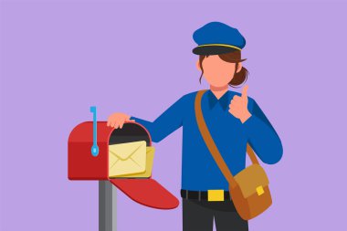 Posta kutusuna, şapka, çanta, üniforma giyip posta dağıtmak için çok çalışan posta kutusuna mektup bırakan düz çizgi film çizimi. Grafik tasarım vektör çizimi