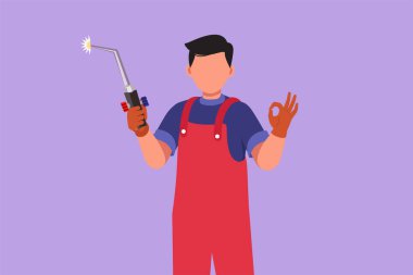 Çizgi film çizimi düz erkek kaynakçı güçlü kaynak aletini iyi bir jest ile tutar, inşaat inşaatında çalışır ve yangınla eriyen çelik çerçeveler oluşturur. Grafik tasarım vektör çizimi