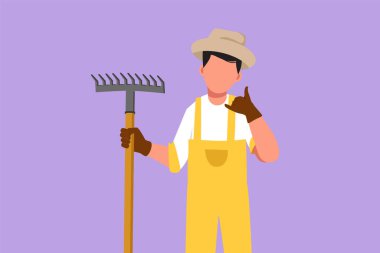 Erkek çiftçinin elinde tırmıkla bana jest yaptığı ve hasat zamanı çiftlikte çalışırken hasır şapka taktığı düz çizim. Kırsal kesimde ya da kırsal kesimde yaşayan insanlar. Çizgi film tasarım vektör çizimi