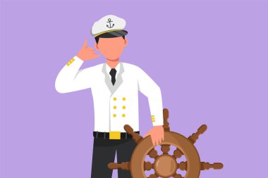 Çizgi film düz stili, cesur bir denizciyi çekiyor ve kaptan tarafından yönetilen gemiyle denizleri aşmaya hazır bir jest yapıyor. Erkek denizci okyanusu aşıyor. Grafik tasarım vektör çizimi