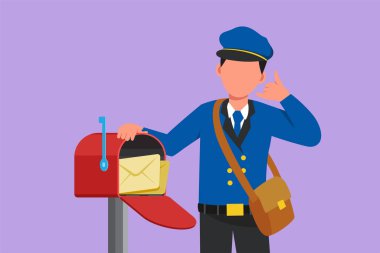 Posta kutusuna aktif bir postacı çizerek bana jest, şapka, çanta, üniforma giyip ev adresine posta ulaştırmak için çok çalışan aktif bir postacı çiziyor. Çizgi film biçimi vektör illüstrasyonu