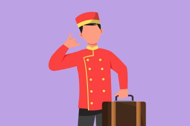 Karakter dairesi çizen, üniformalı kapıcı elinde bana jest diyen bir bavul tutuyordu. Misafirlere dostane ve sıcak bir şekilde hizmet etmeye hazırım. Büyük bir misafirperverlikle Porter. Çizgi film tasarım vektör çizimi