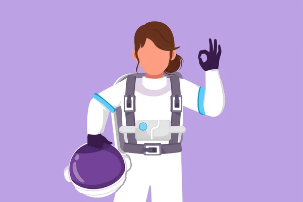 Character Flat Drawing Active Female Astronaut Holding Helmet Okay Gesture — Stock Vector