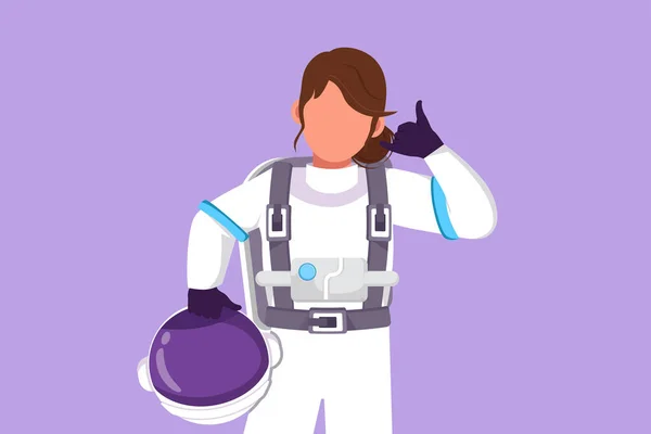 Character Flat Drawing Active Female Astronaut Holding Helmet Call Gesture — Stock Vector