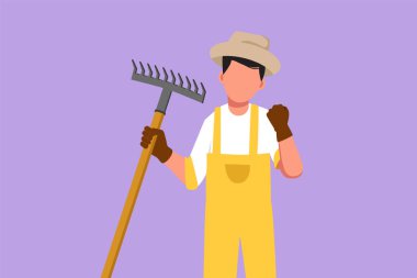 Grafik düz tasarım, çiftçi elinde tırmıkla kutlama jesti ve hasat zamanı çiftlikte çalışırken hasır şapka takıyor. Kırsal kesimde ya da kırsal kesimde yaşayan insanlar. Çizgi film biçimi vektör illüstrasyonu