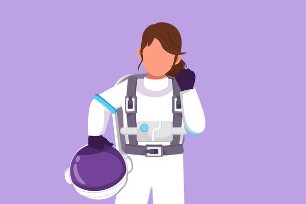 Character Flat Drawing Cute Female Astronaut Holding Helmet Celebrate Gesture — Stock Vector