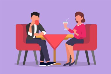 Grafik düz tasarım. Oturan ve kahve ya da milkshake içen çiftleri çiziyor. Kadın ve erkek kafede romantik bir akşam yemeği yiyorlar. Restoranda evlilik yıldönümünü kutlarız. Çizgi film biçimi vektör illüstrasyonu