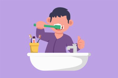 Grafik düz tasarım küçük çocuk ya da çocuğun dişlerini baş parmaklarıyla fırçalamasını gösteriyor. Çocukların temizlik, sağlık, ağız ve diş tazeliği gibi rutin alışkanlıkları vardır. Çizgi film biçimi vektör illüstrasyonu