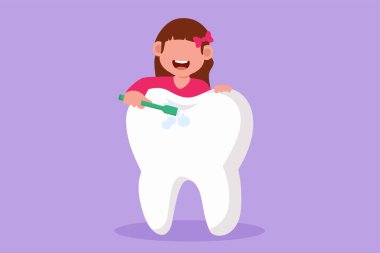 Küçük kızın dev dişlerini diş fırçasıyla fırçalarken çizdiği bir resim. Diş kliniği, dişçilik hastanesi, oral bakım merkezi. Çocuklar için sağlıklı diş kampanyası. Çizgi film tasarım vektör çizimi