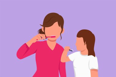Çizimsel düz tasarım mutlu bir annenin banyoda dişlerini fırçalamasını gösteriyor. Temizlik için rutin alışkanlıklar. Çocuklar için sağlıklı diş kampanyası. Çizgi film biçimi vektör illüstrasyonu