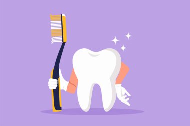 Bir elinde diş fırçası, diğer elinde diş macunu olan dev bir diş fırçasının grafiksel düz tasarımı. Sembol ya da logo diş kliniği. Ağız sağlığı merkezi. Çizgi film biçimi vektör illüstrasyonu