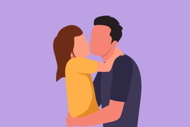 Tatlı küçük kızın düz çizimi evde yatağında otururken yakışıklı babasını yanağından öpmek ve kucaklamak. Babalar Günü. Mutlu baba ve kız. Çizgi film tasarım vektör çizimi