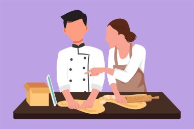 Tablet ekranından özel ders izlerken birlikte yemek pişiren mutlu romantik çiftin çizgi film çizimi. Modern dijital teknolojiyle yemek yapmayı öğren. Grafik tasarım vektör çizimi