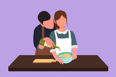 Grafi düz tasarım genç kocanın güzel karısına zeytinyağı ekleyerek para kazanmasına yardımcı oluyor. Evdeki sıcak mutfakta hamur işi hazırlığı. Mutlu çift yemekleri. Çizgi film biçimi vektör illüstrasyonu