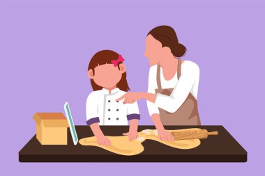 Tablet ya da akıllı telefondan öğretim görürken birlikte yemek pişiren mutlu anne ve kızın düz çizimi. Modern dijital teknolojiyle yemek yapmayı öğren. Çizgi film tasarım vektör çizimi