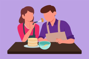 Karakterli düz çizen koca, genç ve güzel karısı tarafından verilen tatlı kek yemeklerini tadıyor. Mutlu romantik çift, evdeki rahat mutfakta birlikte yemek pişiriyor. Çizgi film tasarım vektör çizimi