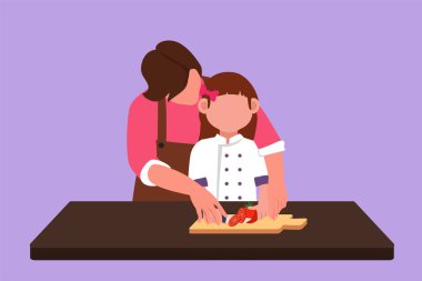 Anne, küçük kızına sebze ve meyve kesmeyi öğretirken çizilmiş. Sağlıklı yiyecekler. Mutlu aile, anne ve çocuk mutfakta birlikte yemek pişiriyor. Çizgi film biçimi vektör illüstrasyonu