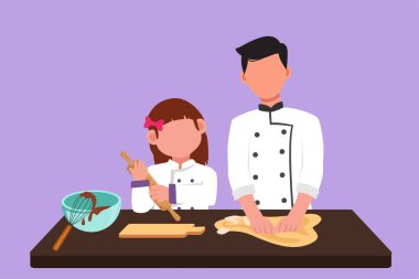 Mutfakta önlük giyen mutlu bir baba ve güzel bir kız çiziyor. Babası ve küçük kızı evde pasta hamuru veya fırın yoğurmanın keyfini çıkarıyorlar. Çizgi film tasarım vektör çizimi