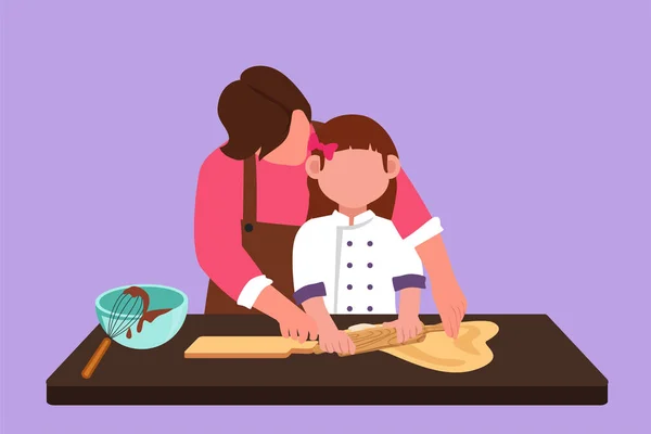 美しい若いママと娘のキャラクターフラット描画は 自宅でキッチンでベイキングしながら遊んで微笑んでいます 幸せな母親と娘が一緒に料理をしています 漫画デザインベクターイラスト — ストックベクタ