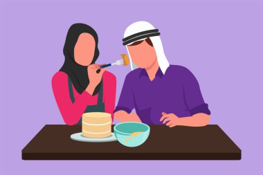 Karakterli düz çizen koca, güzel karısının verdiği tatlı kek yemeklerini tadıyor. Mutlu romantik Arap çift evdeki rahat mutfakta öğle yemeği pişiriyor. Çizgi film tasarım vektör çizimi