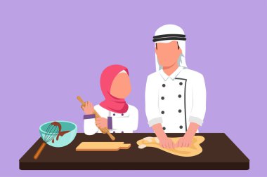 Grafik düz tasarım, mutfakta önlük giyen mutlu bir Arap baba ve kızı çiziyor. Baba ve küçük kız evde pasta hamuru yoğurmaktan ya da fırından keyif alıyorlar. Çizgi film biçimi vektör illüstrasyonu