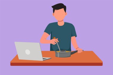 Çizgi filmlerdeki gibi genç bir adam akşam yemeği için lezzetli yemekler pişiriyor ve mutfakta görüntülü konuşma yapıyor. Bilgisayarda başvuru formu kullanan bir arkadaşla konuşmak. Grafik tasarım vektör çizimi