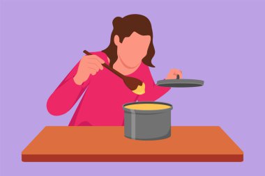 Grafik düz tasarım. Güzel ev hanımı esrardan yemek kokusu alıyor. Genç bayan, aile yemeği için mutfakta yemek hazırla. Evde yemek pişirmek. Sağlıklı yiyecekler. Çizgi film biçimi vektör illüstrasyonu