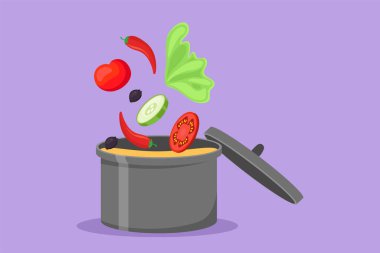 Grafik düz tasarım, sebze, et, soğan, havuç, tuz, biber ve diğer baharatlar gibi yiyecek malzemeleriyle sıcak tava çiziyor. Sağlıklı yemekler pişirmek. Çizgi film biçimi vektör illüstrasyonu