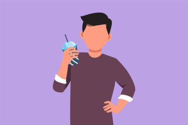 Karakterin düz çizimi, bir eli belinde plastik bir bardak portakal suyu tutan yakışıklı bir adam. Yaz mevsiminde susuz ve ferahlatıcı hissediyorum. Çizgi film tasarım vektör çizimi