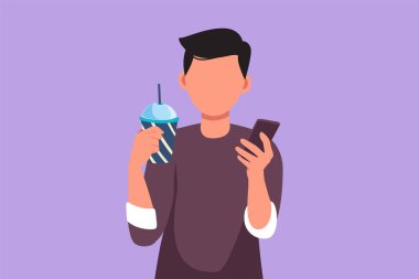 Çizgi film düz stil aktif yakışıklı adam çiziyor cep telefonuna bakıyor ve evde kahvaltı ederken elinde bir bardak portakal suyu tutuyor. İşten önce sabah rutini. Grafik tasarım vektör çizimi