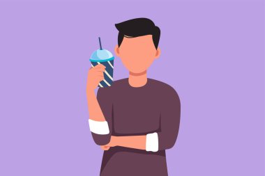 Bir eliyle portakal suyu bardağı tutan yakışıklı bir adamın düz portresi. Genç erkek susar ve yaz mevsiminde ferahlatıcı olmaya çalışır. Çizgi film tasarım vektör çizimi