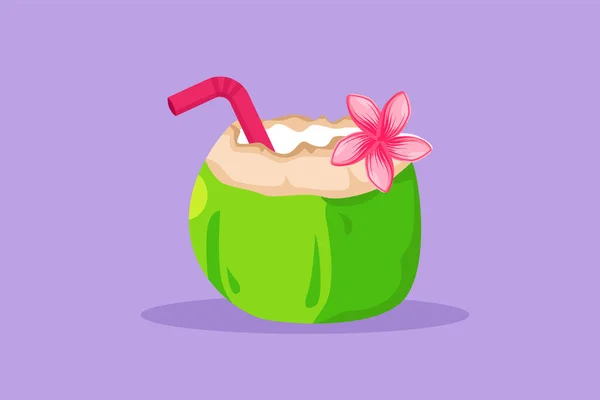 Personaje Plano Dibujo Coco Verde Con Paja Para Beber Flor — Vector de stock