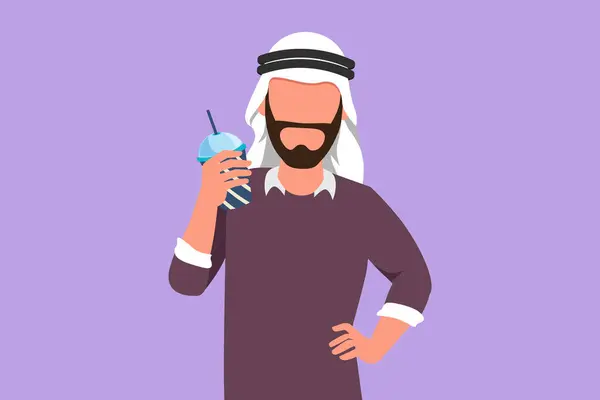 Character Flat Drawing Handsome Arab Man Looking Holding Plastic Glass — Stock Vector