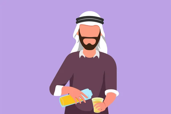 卡通平面风格吸引活跃的阿拉伯人在家里吃早餐的时候 把橙汁倒入瓶子里 健康的男性在夏天感到口渴 图形设计矢量说明 — 图库矢量图片