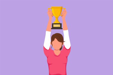 Spor forma giyen düz çizim yapan bir bayan sporcu iki eliyle altın kupayı kaldırıyor. Ulusal yarışma şampiyonluğunun zaferini kutlayan mutlu kadın. Çizgi film tasarım vektör çizimi