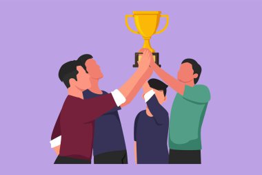 Grafik düz tasarım spor formalı mutlu erkek atlet takımının altın kupayı bir arada tutmasını sağlıyor. Zaferi ve uluslararası şampiyonanın başarısını kutluyoruz. Çizgi film biçimi vektör illüstrasyonu